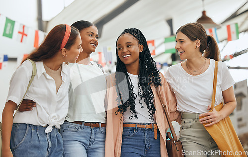 Image of Group of friends at expo, global community diversity and women in university at world exhibition event. Scholarship for immigration students, international shopping in market and happy college youth