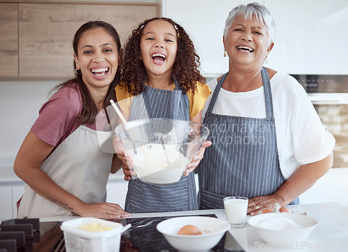 Image of Grandmother, mom and child baking as a happy family in the kitchen with young girl learning a cake and cookies recipe. Mama and old woman teaching kid to bake with eggs, butter and flour with milk