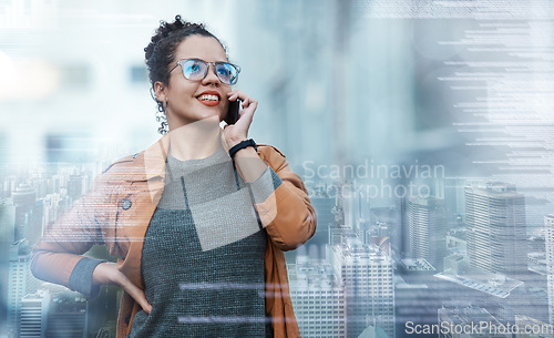 Image of Business woman, phone call and city double exposure conversation speaking on business project strategy overlay. Mexico girl employee contact or talking on 5g mobile smartphone communication device