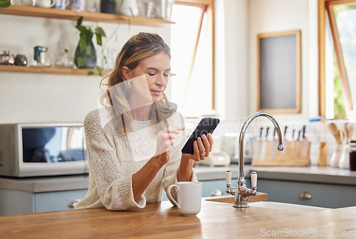 Image of Senior woman reading phone news, mobile apps and social media notification in morning home kitchen. Relax retirement lady typing smartphone, online network website and 5g tech connection in apartment