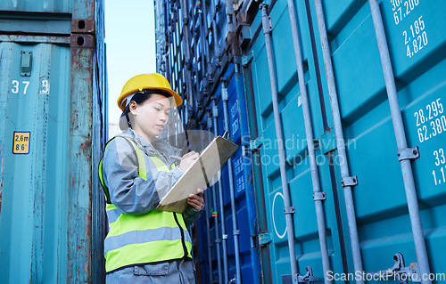 Image of Shipping, cargo and stock container with woman reading checklist for ecommerce delivery logistics at warehouse. Supply chain, distribution and industrial management by asian manager at a factory