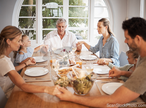 Image of Family, thanksgiving food or holding hands prayer in house or home for men, women or kids. Children, girls or grandparents in traditional celebration lunch meal with worship parents, mother or father