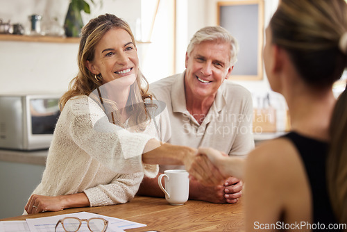 Image of Handshake, life insurance and senior couple with lawyer for mortgage tax bills, property and financial investment. Finance, inheritance and old woman shaking hands with realtor for a successful deal