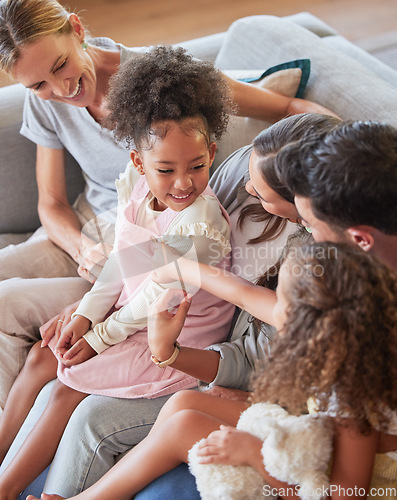 Image of Relax, love and big family with adoption children bonding with parents and grandmother in home. Happy black kids resting with caucasian dad and mom together on living room sofa in house.