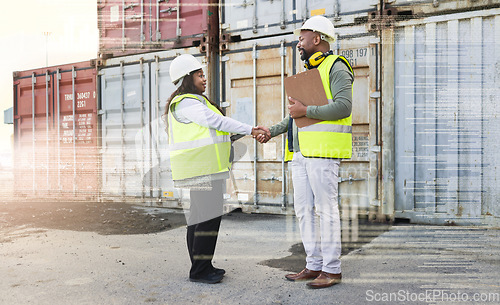 Image of Logistics handshake, futuristic ecommerce and team doing b2b business at outdoor distribution warehouse. African shipping employees with welcome during partnership meeting at a container factory