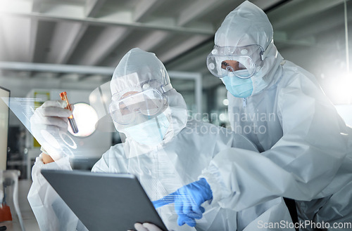 Image of Blood, tablet and ppe scientist for covid vaccine results, test or analytics on medical digital software app in laboratory. Innovation science teamwork of biotechnology expert people for corona virus