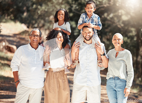 Image of Family, walk and smile together in nature, trees and sunshine while on vacation. Mom, dad and grandparents walking with kids in forest, field or park in spring for while on holiday in Philippines