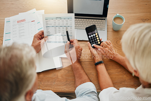 Image of Home budget, finance planning and senior couple calculating their expenses, bills or income during retirement with a calculator, laptop and paper documents from behind. Man and woman discuss savings