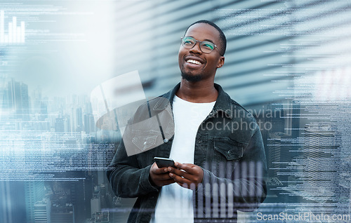 Image of Overlay, phone and black man trading on the stock market happy about his future financial investments. Smile, cryptocurrency and young trader excited with the price growth news in the digital economy