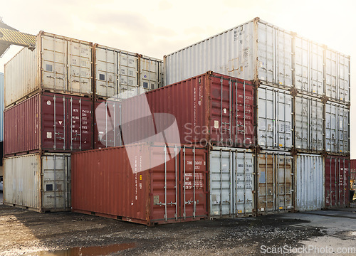 Image of Container, shipping and logistics cargo storage on a port for international and global freight transport. Ecommerce stock, delivery service or trade of commercial distribution at outdoor supply chain
