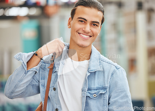 Image of Man, smile and happy with backpack for travel, study or work on walk in portrait. Person, bag and attractive happiness on face as tourist walking in city, airport or bus station in Los Angeles