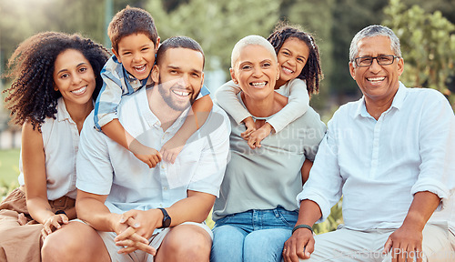 Image of Happy big family, portrait and smile in nature on trip, vacation or holiday spending vacation time together. Love, care and man, woman and children with grandparents bonding in park or countryside.