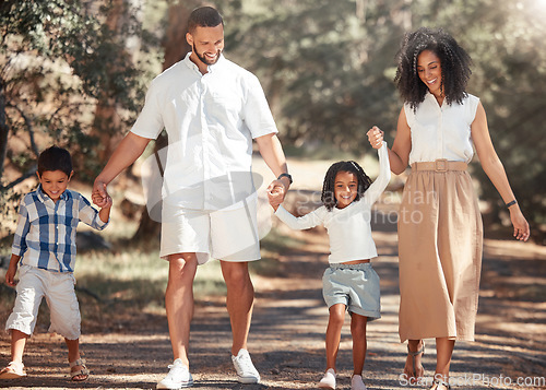 Image of Family, love and kids walking with parents in park, happy and relax in nature together. Freedom, active and peaceful cardio with excited children enjoy freedom with mother and father, playful fun