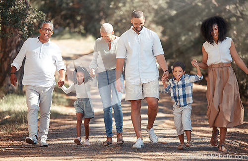Image of Generation big family walking garden park in summer, travel and freedom in South Africa outdoors. Happy, smile and carefree grandparents, parents and kids relax, bond and enjoy sunny holiday together