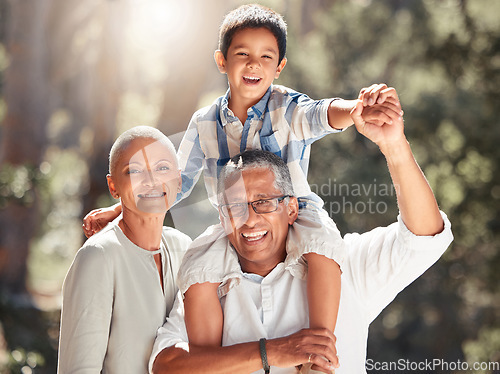 Image of Happy family, portrait and grandparents with child in nature with a big smile enjoying summer holidays and retirement, Detroit, old man and senior grandmother love being with playful kid on vacation