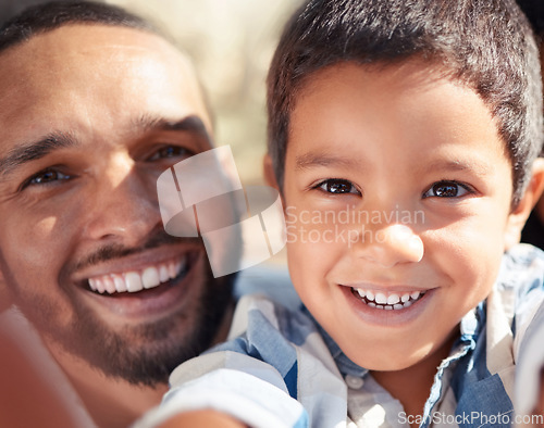 Image of Portrait, father and child take a selfie in nature for a fun memory together in a park on summer holiday vacation. Smile, family and dad with son or boy enjoying outdoors in Mexico and quality time