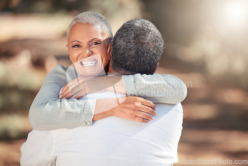 Image of Nature, senior couple and hug portrait for love and care on outdoor bonding outing in Mexico park. Happy, elderly and married Mexican people enjoy embrace together on retirement leisure break.