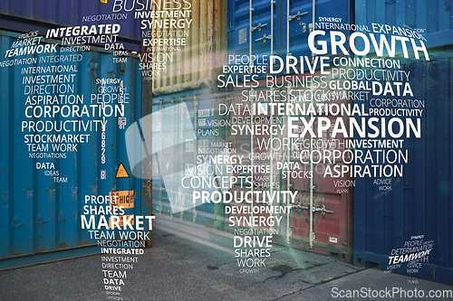 Image of SEO infographic for international import business, logistics or global and shipping business for export cargo container. Mockup for distribution, ecommerce or transport industry in freight delivery