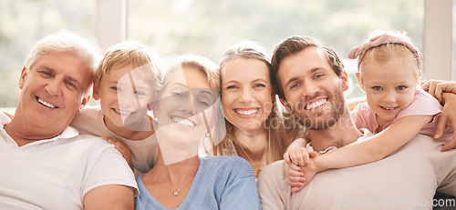 Image of Mother, father and grandparents with children in a big family indoor portrait together enjoying quality time in Australia. Mama, dad and siblings love being with an old man and senior woman at home