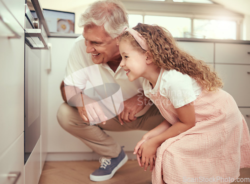 Image of Grandfather and girl child in kitchen cooking oven food together and excited for results. Happy family, learning and love from elderly senior man with kid baking for happy holiday home celebration