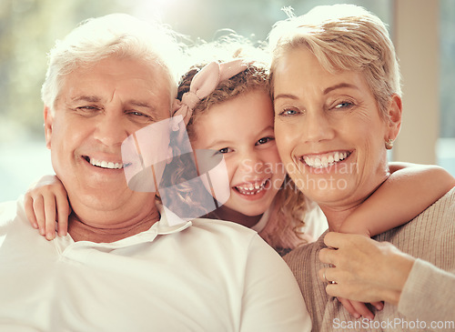 Image of Happy family, children and grandparents hug and bond in living room together, cheerful and content in their home. Relax, smile and face portrait of girl embracing senior man and woman and having fun