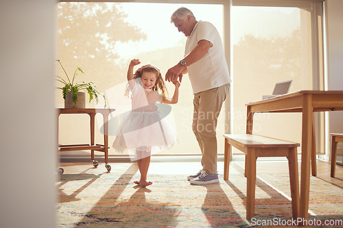 Image of Family, young girl and grandfather dancing in living room together. Grandparent and grandchild in family home doing dance and having fun in the morning. Old man enjoying retirement with child at home