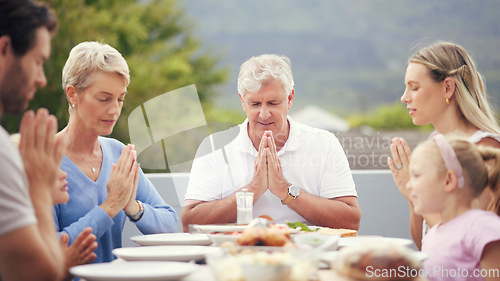 Image of Big family food, praying thanks and prayer for lunch, dinner table and worship, gratitude and respect in Australia. Kids, parents and grandparents trust god, faith and religion before eating together