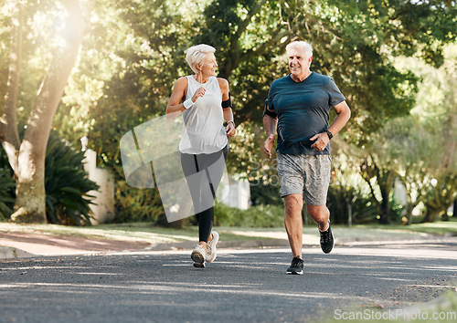 Image of Road running, fitness and senior couple training together on a exercise and workout run. Sports and health motivation of elderly man and woman runner in retirement living a healthy lifestyle