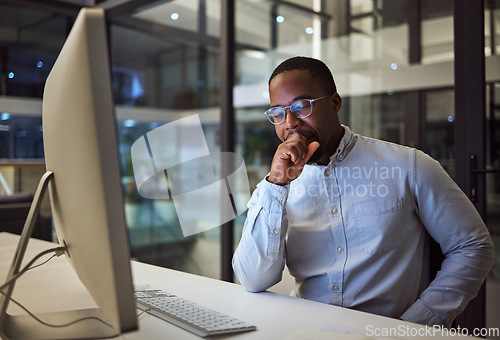 Image of Yawn, burnout and tired businessman is sleepy in the office from deadlines, overworked and overwhelmed with fatigue. Mental health, yawning and exhausted black man working overtime on his computer