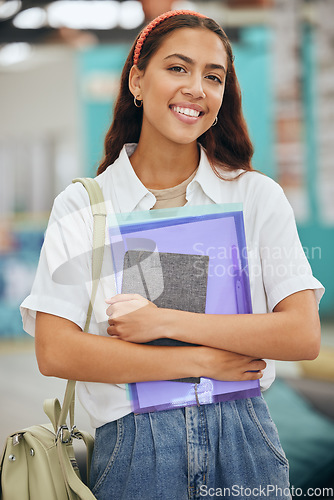 Image of Woman portrait, college student and university campus in learning, school studying or higher education in Colombia. Happy young gen z girl standing with books, motivation and proud academic knowledge