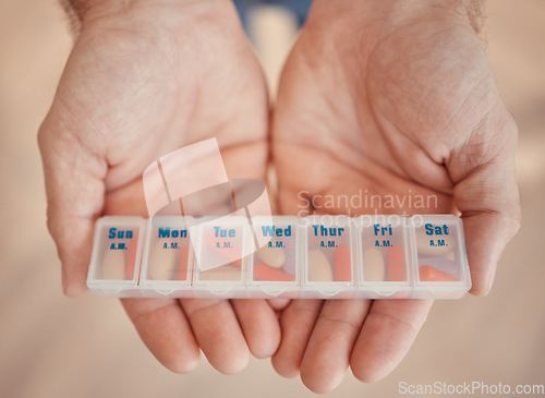 Image of Pills, medicine and container in hands to schedule for health, wellness and treatment of body. Medication, tablets and reminder for organizing pharmaceutical product for elderly patient routine