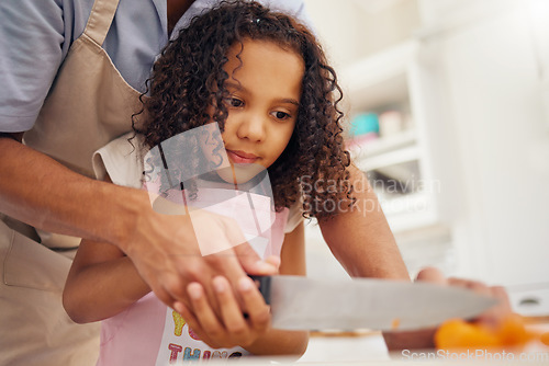 Image of Father with kid helping her in the kitchen and cooking food together. Dad helps girl chop vegetable or fruit for healthy meal for lunch. Child development, teaching and learning how to cook at home