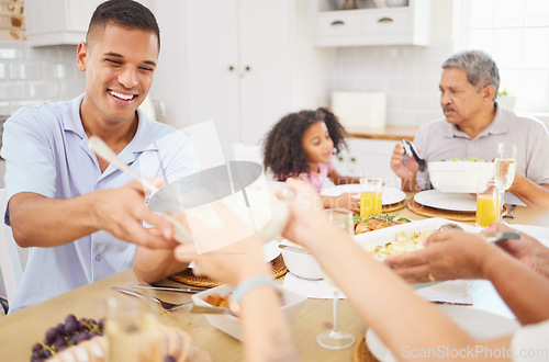 Image of Happy family, food and dinner eating on dining room table for thanksgiving, healthy and nutrition holiday celebration event. People enjoy family home party cooking together celebrate festive reunion