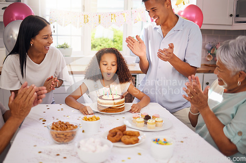 Image of Birthday, children and cake with a girl in celebration with family at a party while blowing out her candles to make a wish. Kids, applause and happy with a daughter, parents and grandparents at home