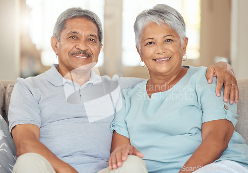 Image of Retirement couple, portrait and relax sofa lounge, love and living room lifestyle together in Australia home. Elderly, senior and happy man, smile woman and pensioners marriage, relationship and care