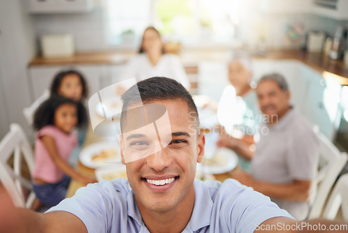 Image of Big family, selfie and dinner in a house kitchen with a happy man smile. Happiness of bonding people from Mexico together with home cooking food on the table feeling gratitude and love with kids