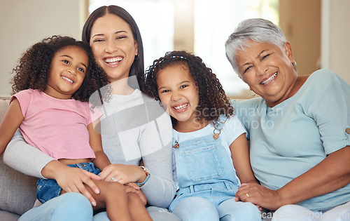 Image of Happy family, grandmother and girl children on sofa together for mothers day celebration or bonding with love, care and support. Black people elderly, mom and kids in a portrait with smile at home