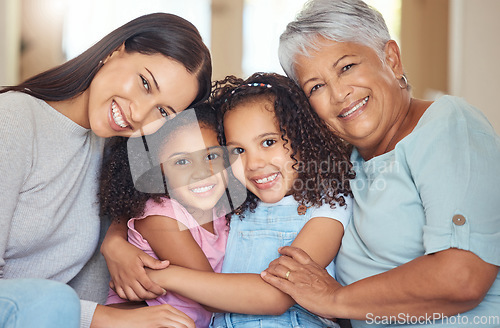 Image of Portrait, smile and happy family on mothers day with grandmother, mom and girl siblings hugging at home. Mama, children and elderly woman love relaxing, bonding and enjoying quality time together