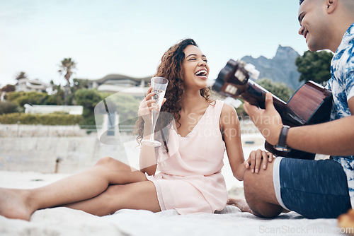 Image of Love, relax and guitar with couple at the beach with champagne on Cancun vacation for travel, summer and music. Happy, holiday and romance with man and woman on sand for date, youth and relationship