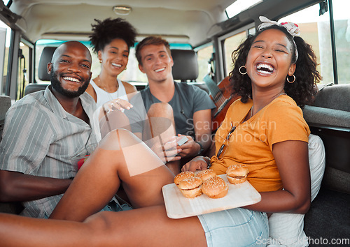 Image of Food, travel and friends eating on a road trip, happy, relax and laughing while bonding in a car together. Fast food, diversity and face portrait of smiling people enjoying freedom and adventure trip