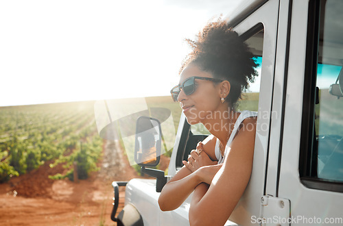 Image of Travel, countryside and woman in window of car on road trip, relax summer vacation travelling in nature. Freedom, field and black woman happy on adventure, stop on journey in mexico to watch sunset