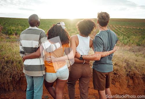 Image of Vineyard, ecology and travel people hug on sustainability farm for nature journey, countryside experience or outdoor adventure lifestyle. Group friends care for ecology, agriculture and earth day