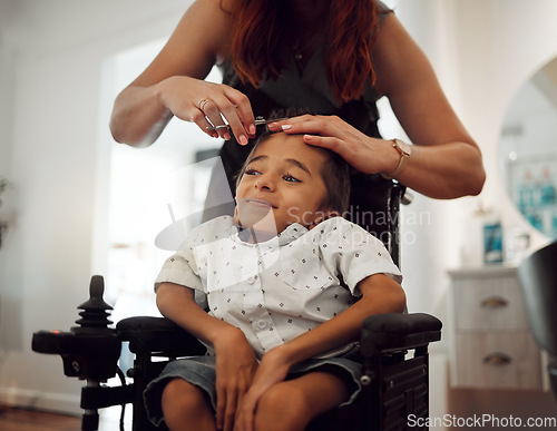 Image of Haircut, child with cerebral palsy and hairdresser visit with a smile in inclusive salon. Happy kid with a health condition getting a trim from a beauty therapist and professional feeling happiness