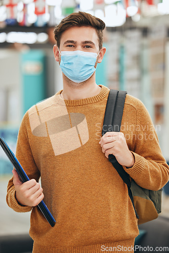 Image of University student and covid portrait of man with face mask protection for virus transmission. Responsibility and respect of guy with corona cover for infection prevention at college campus.