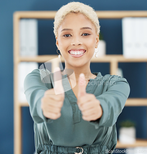 Image of Thumbs up, success and work support hand sign worker in a office of a happy business woman. Portrait of winner motivation, thank you and proud win hands gesture with a smile and corporate happiness