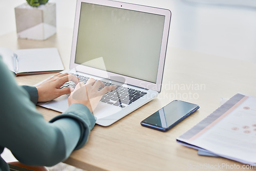 Image of Woman hands, laptop mockup and typing, planning and working receptionist desk in modern office. Closeup keyboard, secretary and business employee email, online research and internet website connect