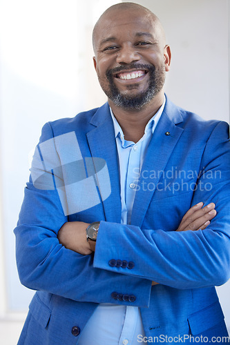 Image of Business ceo, black man leadership and portrait in blue suit, corporate company and happy job manager in Jamaica. Smile african entrepreneur, mature startup boss and professional executive management