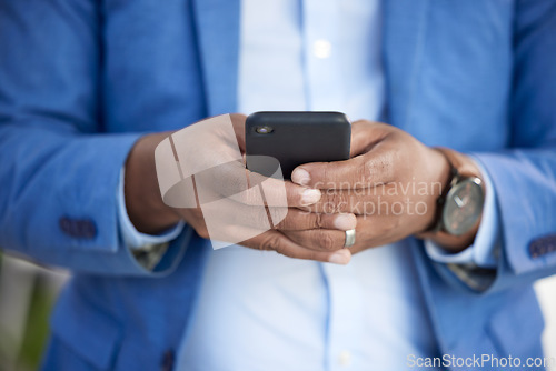 Image of Zoom of hands, businessman with phone or 5g network for networking, communication or typing email text or message. Chicago, mobile or smartphone for contact us search, internet or social media app.