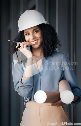 Image of Engineer, black woman and walkie talkie with documents tube for engineering or architecture industry blueprints. Portrait, female smile and happy technician from Brazil with radio for communication