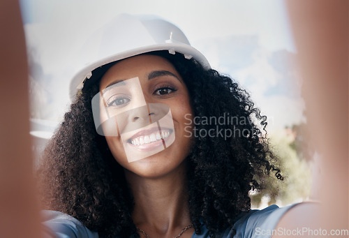 Image of Architecture, engineering and black woman selfie portrait construction site, industrial building manager and property development. Happy face pov, smile and female contractor leader in safety helmet